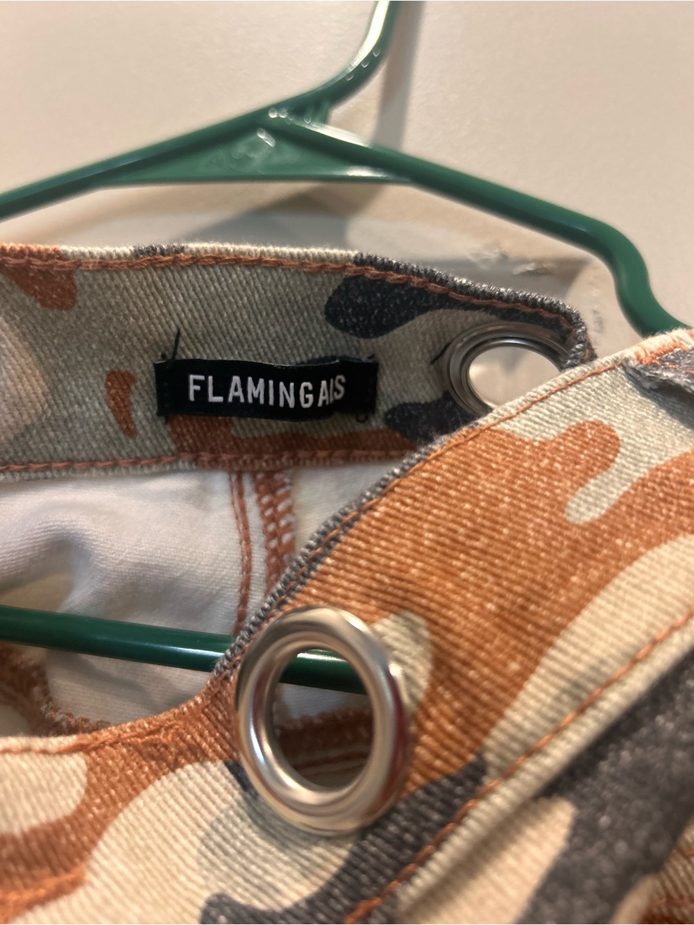 FLAMINGAIS Women’s Barrel jeans — Orange Camo with Grommet Detail